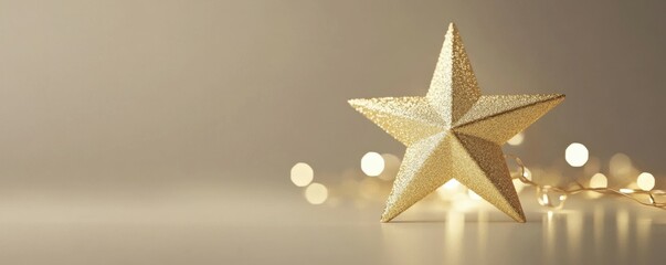 Obraz premium Golden star with warm fairy lights on neutral background for festive decor