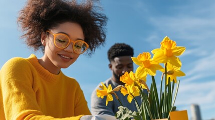 Vibrant Community Spirit Diverse Volunteers Arranging Yellow Daffodils for Charity Campaign - Urban Social Gatherings and Inclusive Fundraising Initiatives