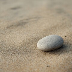 Smooth light gray pebble rests on light beige sand.