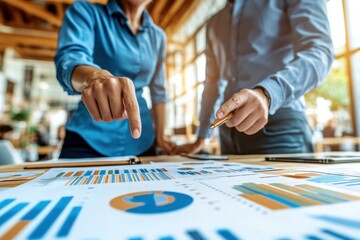 Obraz premium Two people are looking at a table with graphs and charts