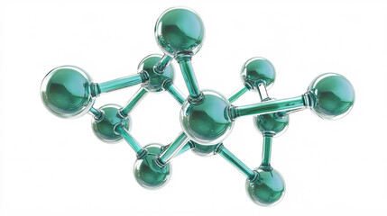 A close-up of a glossy molecular model with green transparent spheres and silver rods showcases the interconnectedness of atoms in chemistry  
