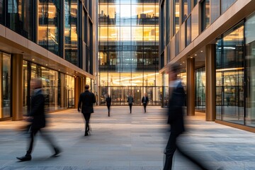 A busy city street with people walking and a blurred background