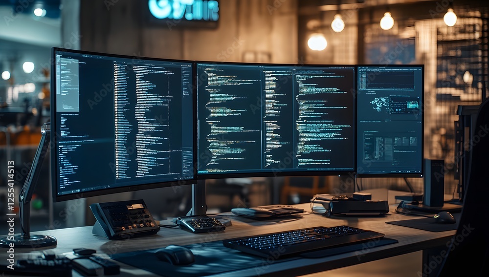 Poster Modern Developer Workstation with Triple Monitor Setup Displaying Complex Code in a Stylish and Functional Workspace.