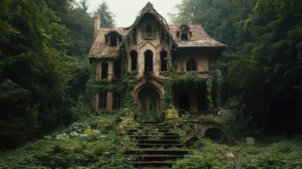 Obraz premium An old abandoned house covered in vines and greenery stands amidst a dense forest filled with mist, evoking a sense of mystery and nostalgia