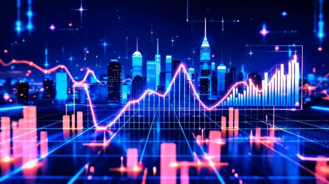 Financial Market Growth Graph with Rising Trends and Futuristic Cyber City Skyline in Neon Colors