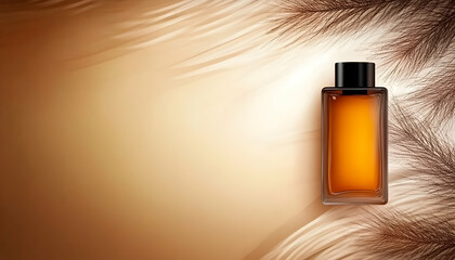 Luxury perfume bottle display on warm background with feathers for advertising a beauty fragrance, promoting well-being and aroma