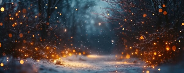 Naklejka premium Enchanting winter pathway with glowing lights and falling snowflakes in twilight forest