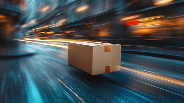 Moving box on city street illustrating fast shipping and delivery with motion blur effect