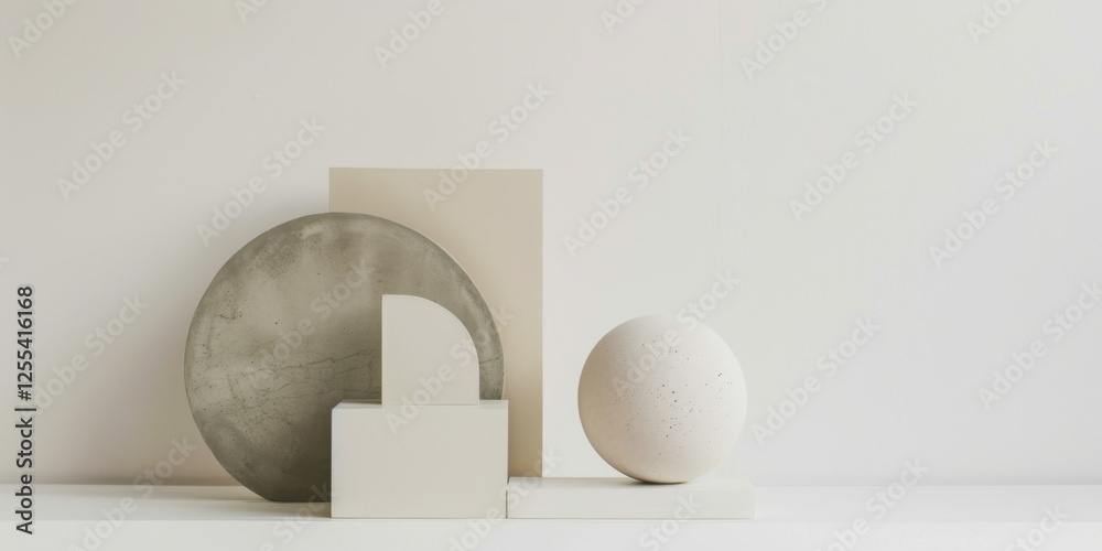 Poster an abstract minimalist composition against a clean white backdrop, minimalist geometric forms in mut