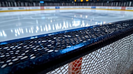 Fototapeta premium Closeup of Hockey Net in Brightly Lit Rink