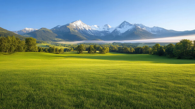 Lush green fields stretch towards majestic snow capped mountain peaks under clear blue sky, creating serene and picturesque landscape
