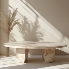 3D rendering of the interior in neutral beige tones. Marble round table and decor in the form of a vase with pampas grass. Mockup for presentation, branding products, cosmetics, jewelry. AI generated