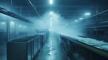 Obraz premium Desolate AI-controlled factory operating in a foggy environment during late night hours