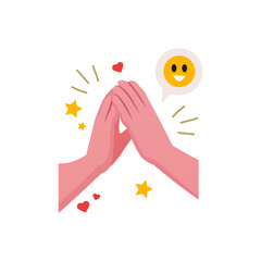Clapping hands gesture with smiley emoji and hearts flat vector icon, cartoon hands applauds appreciation and love sign