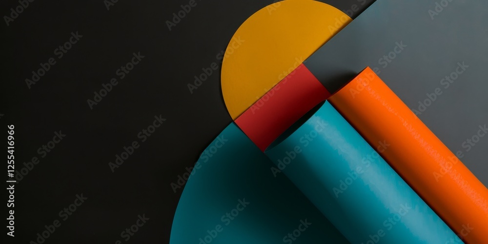 Poster an abstract minimalist composition against a deep black background, minimalist geometric forms in bo