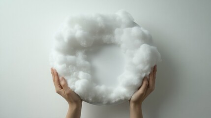 Hands holding a bowl filled with fluffy white cotton, creating a cloud-like effect.