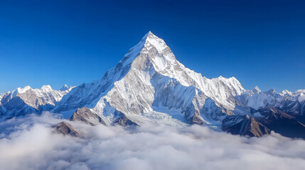 Fototapeta premium breathtaking view of snow covered mountain peak surrounded by clouds, showcasing majestic beauty of nature. clear blue sky enhances stunning landscape
