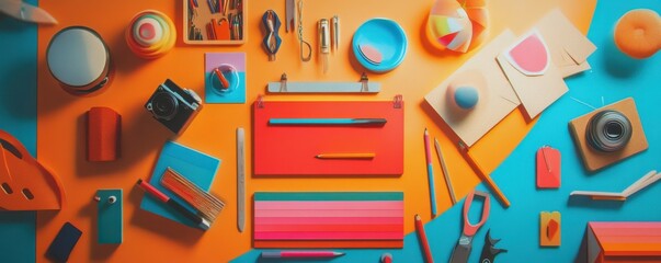 Vibrant office and art supplies on colorful background