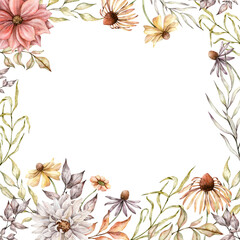 Watercolor rudbeckia, dahlia, dried leaves square frame. Hand painted asters and coneflowers illustration. Fall plants for greeting cards, wedding invitations, pack, stationary, decorations.