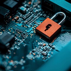 Closeup of Padlock on Circuit Board:  Digital Security and Data Protection Concept
