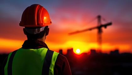 Fototapeta premium Construction worker watches sunset over city skyline with crane in background.