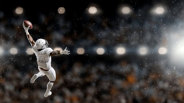 Football player jumping high in stadium, catching ball under bright lights, action-packed moment.