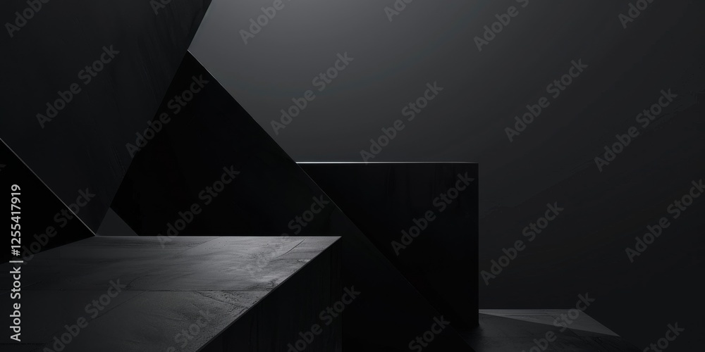 Poster an abstract minimalist composition featuring a stark black backdrop, geometric shapes in minimalist 