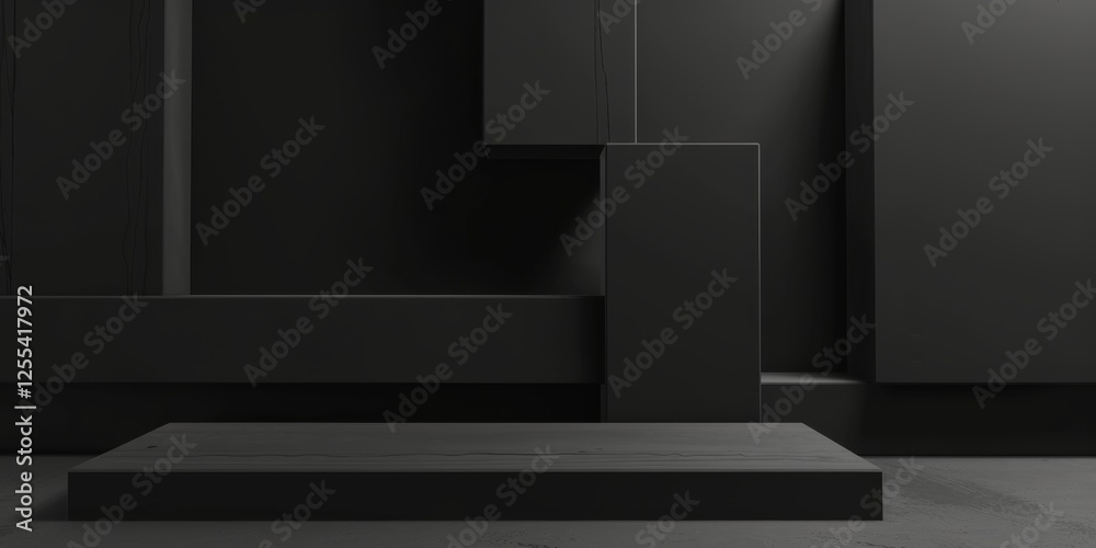 Poster an abstract minimalist composition featuring a stark black backdrop, geometric shapes in minimalist 