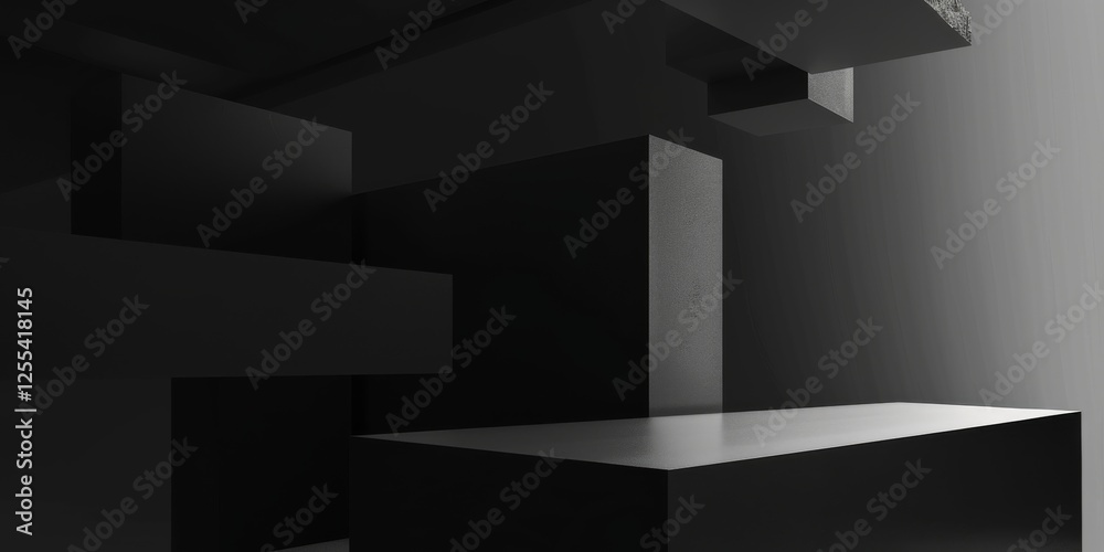Poster an abstract minimalist composition featuring a stark black backdrop, geometric shapes in minimalist 