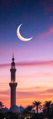 Eid al-Fitr Enchantment Crescent Moon and Twilight Stars Over Mosque Silhouette - Symbolic Evening Sky for Ramadan, Passover, and April Marketing Campaigns