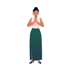 Applauding Asian woman, showing appreciation, vector happy female character clapping hands, encouragement arm gesture