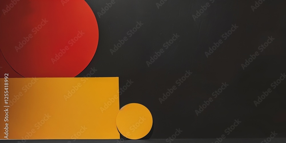 Poster an abstract minimalist composition on a deep black background, bold geometric forms in vibrant color