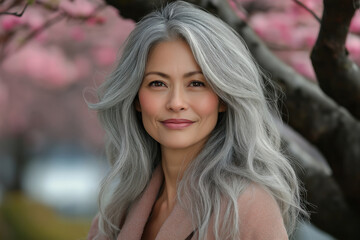 Naklejka premium A beautiful middle-aged woman with gray hair of Asian appearance smiles on the street in the spring. Advertising banner for International Women's Day.