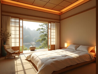 Fototapeta premium Japanese Zen Bedroom: A tranquil Japanese Zen bedroom with tatami mats, sliding shoji doors, low-profile furniture, and soft warm lighting.