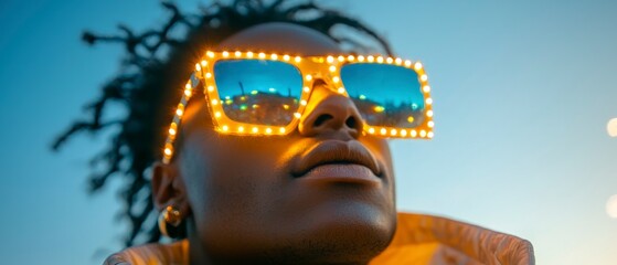 Closeup Portrait of a Person Wearing Illuminated Glasses at Night