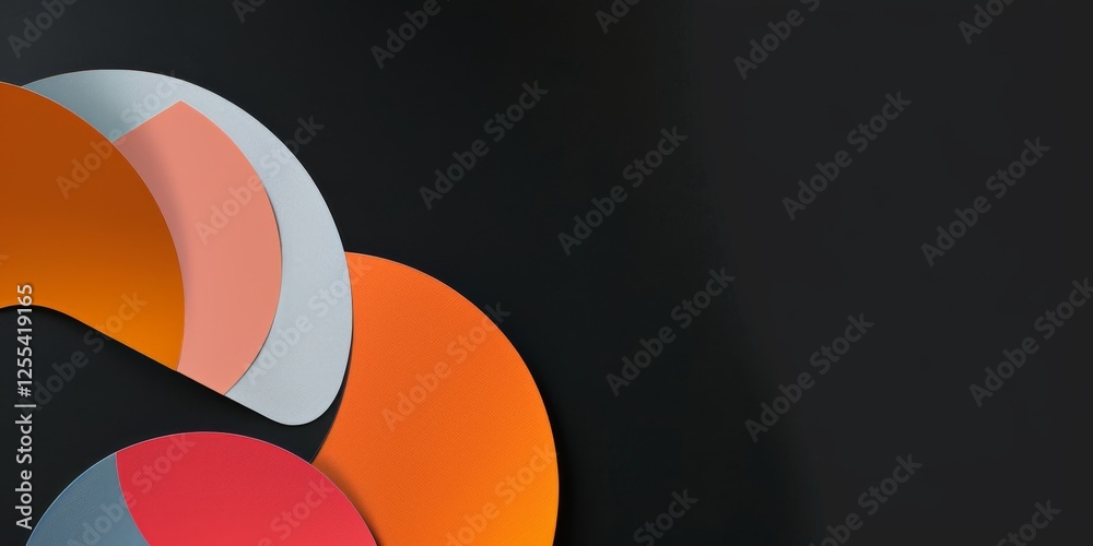 Poster an abstract minimalist composition on a deep black background, bold geometric forms in vibrant color
