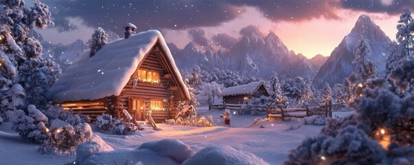 Cozy snow-covered cabin in mountainous winter wonderland at sunset