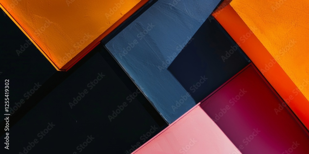 Poster an abstract minimalist composition on a deep black background, geometric forms in bold colors, conte