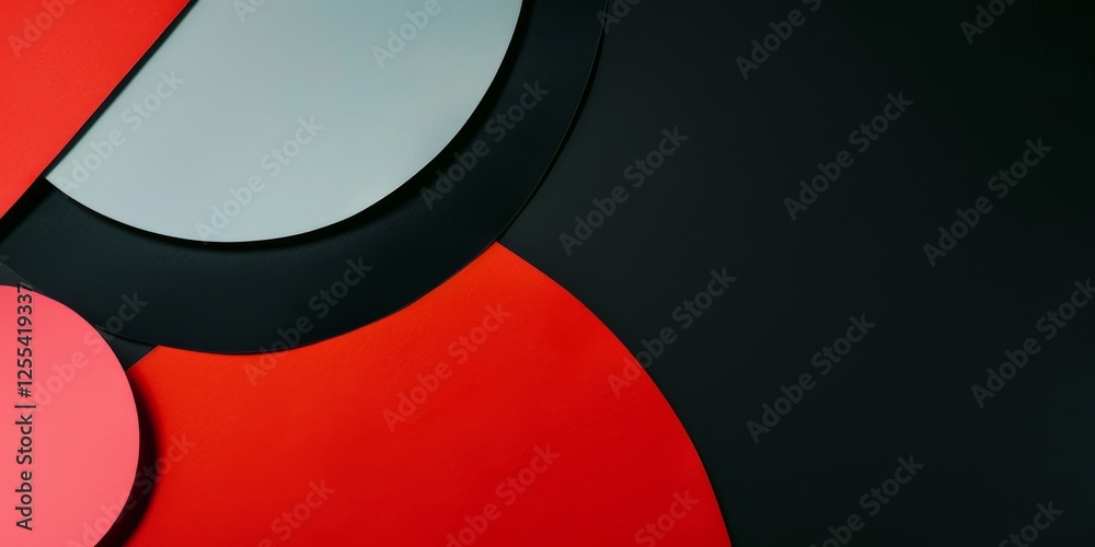 Poster an abstract minimalist composition on a deep black background, geometric forms in bold colors, conte