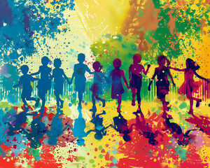 Colorful silhouettes of children playing joyfully in vibrant, abstract landscape. scene captures essence of childhood happiness and freedom