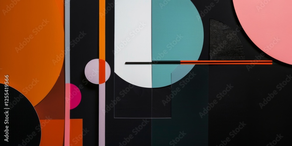 Poster an abstract minimalist composition on a deep black background, geometric forms in bold colors, conte