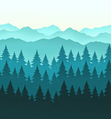 Fototapeta premium Forest mountain range landscape with pine tree sillhouette in blue and green color combination. Mountains and pine tree forests panorama background. Vector design for banner, poster, flyer, and card. 