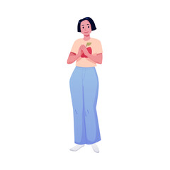 Applauding young woman, showing appreciation, vector flat happy female character clapping hands, encouragement gesture