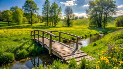 Wooden Footbridge Over Stream in Spring Meadow