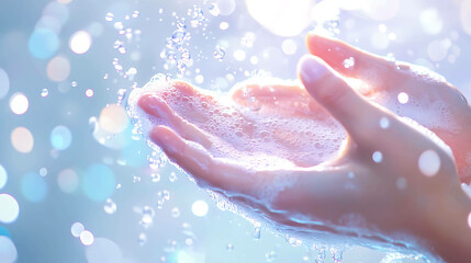 Fototapeta premium Hands being washed under running water with soap bubbles on a clean white background