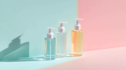 Minimalist design showing hand sanitizers and soap bottles on a pastel surface