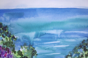 Turquoise aqua blue waves with skyline. Morning haze marine landscape with greenery. Watercolor brush strokes smudges stains structure on paper.