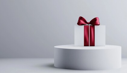 Elegant gift box wrapped with a red ribbon on a minimalist white pedestal.