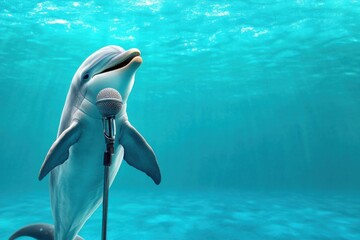 Dolphin delivers news broadcast in underwater setting with microphone and blue water backdrop