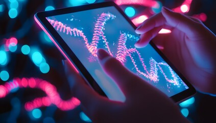 Interactive Data Visualization on a Tablet in a Vibrant Neon Setting